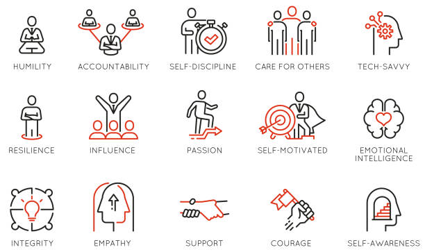 Vector Set of Linear Icons Related to Leadership Traits, Qualities for Success. Development and Teamwork. Mono Line Pictograms and Infographics Design Elements - part 4 Vector Set of Linear Icons Related to Leadership Traits, Qualities for Success. Development and Teamwork. Mono Line Pictograms and Infographics Design Elements - part 4 fearless stock illustrations