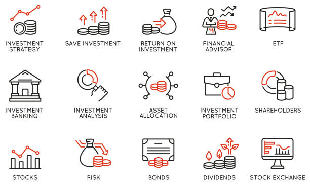 ilustraciones, imágenes clip art, dibujos animados e iconos de stock de vector set of linear icons related to investment strategy, trade service, finance management. pictogramas monolímeros e infografías elementos de diseño - certificado de una acción