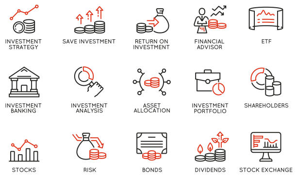 Vector Set of Linear Icons Related to investment strategy, trade service, finance management. Mono Line Pictograms and Infographics Design Elements Vector Set of Linear Icons Related to investment strategy, trade service, finance management. Mono Line Pictograms and Infographics Design Elements exchange traded fund stock illustrations