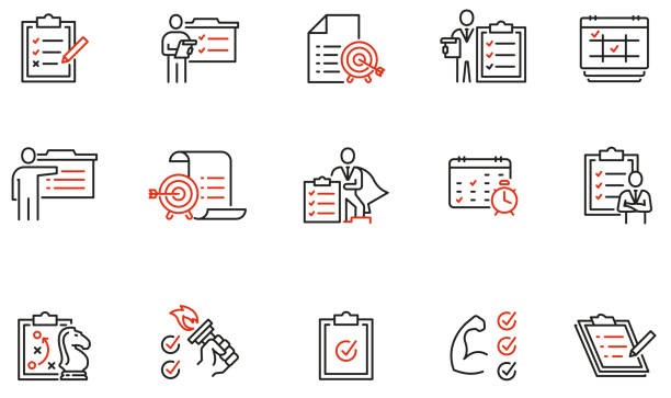 vector set von linearen icons bezogen auf checkliste, motivation, training. streben nach erfolg und das gesetzte ziel. mono-line piktogramme und infografiken design-elemente - vector action solution organization stock-grafiken, -clipart, -cartoons und -symbole