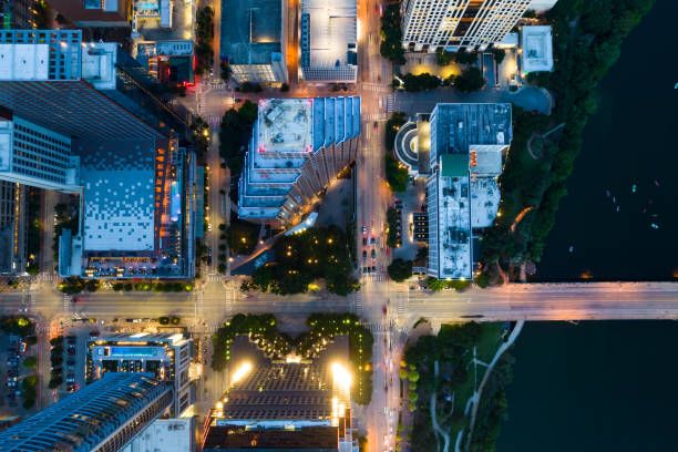 istock Straight down drone angle above Austin Texas towers at night 1323036597