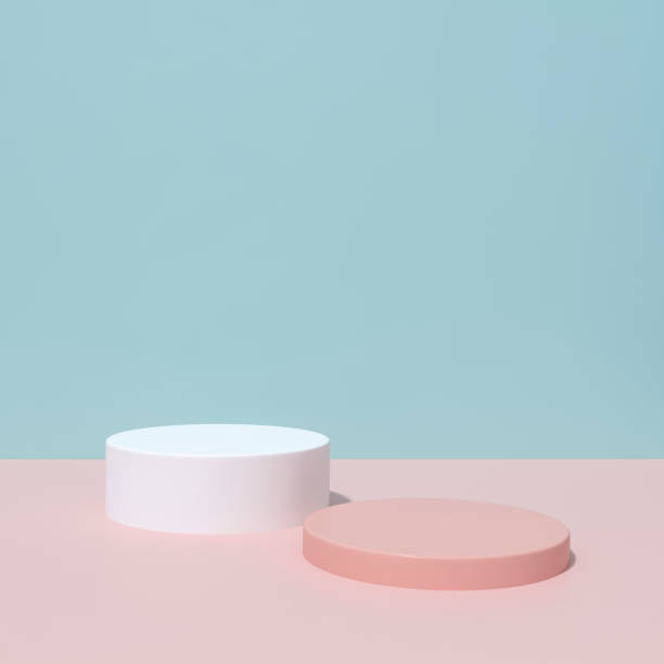 istock Two tone podium stage backdrop on blue and pink background for product display stand or used in show other designs 3d rendering. 3d illustration template minimal beauty style concept. 1323036844