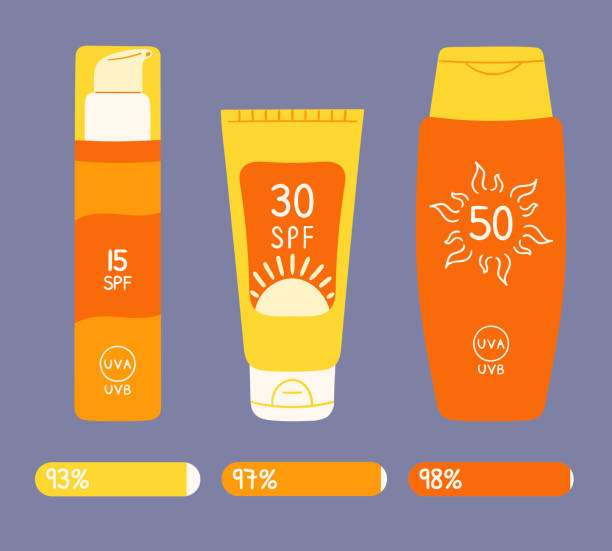 ilustrações de stock, clip art, desenhos animados e ícones de set of sunscreen bottles, tubes with different spf from 15 to 50. infographic amount spf protection that blocks uvb rays. sunscreen cream, lotion collection. - spray tan body human skin