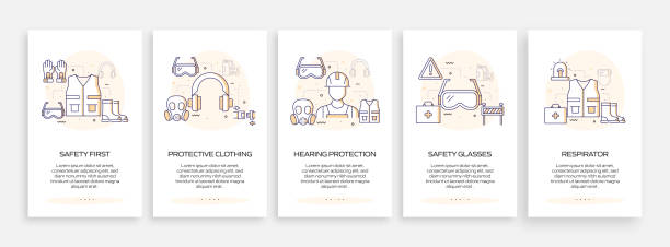 Work Safety Concept Onboarding Mobile App Page Screen with Icons. UX, UI Design Template Vector Illustration