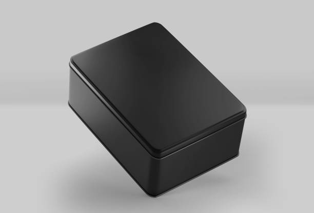 istock Black Rectangular Metal box, Dark blank aluminium can container with lid, 3d rendered isolated on light background 1323038735