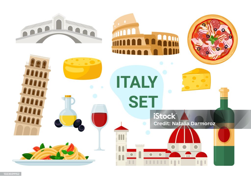 Italy tourism set with famous italian food and drink menu, ancient travel landmark Italy tourism vector illustration set. Cartoon famous italian food and drink menu with pizza spaghetti pasta cheese wine glass olive oil, ancient travel landmark coliseum pisa tower isolated on white Italy stock vector