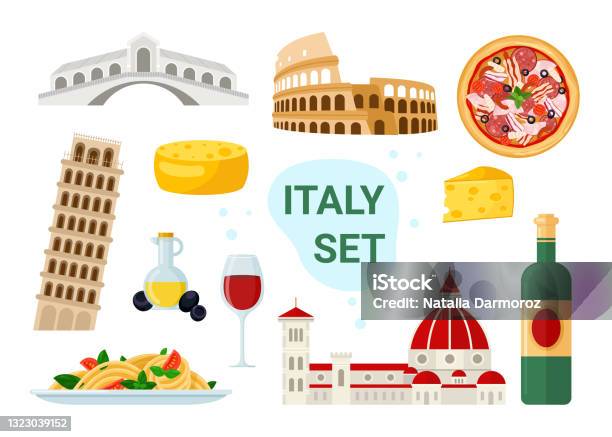 Italy Tourism Set With Famous Italian Food And Drink Menu Ancient Travel Landmark Stock Illustration - Download Image Now