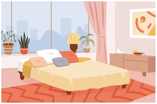 Bedroom hygge home interior vector illustration. Cartoon scandinavian interior room design apartment with modern panoramic window, cozy bed and pillows, house plants, candles and lamp background