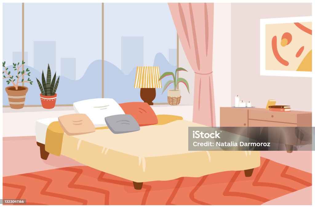 Bedroom Hygge Home Interior Room Design Apartment With Window Cozy Bed And  Pillows Stock Illustration - Download Image Now - iStock