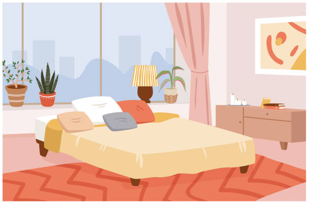 Bedroom hygge home interior, room design apartment with window, cozy bed and pillows Bedroom hygge home interior vector illustration. Cartoon scandinavian interior room design apartment with modern panoramic window, cozy bed and pillows, house plants, candles and lamp background bedroom stock illustrations