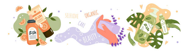 organiczne kosmetyki do pielęgnacji skóry zestaw, ludzka ręka trzymająca naturalną lawendową mydlaną - bar of soap stock illustrations
