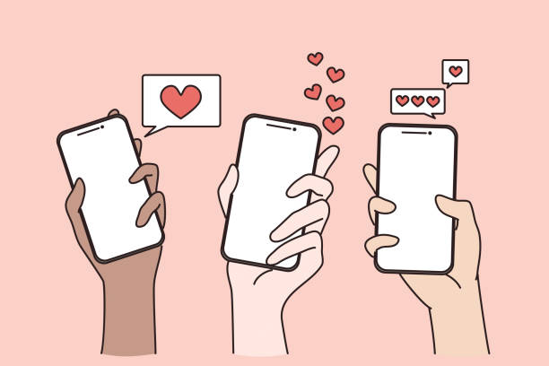 Dating in internet and online chat concept Dating in internet and online chat concept. Human hands holding smartphones with likes and hearts in application online vector illustration couples dating stock illustrations