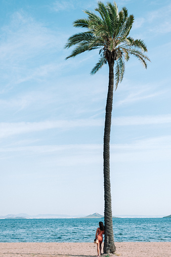 Woman at tropical beach standing next to a palm tree stock photo