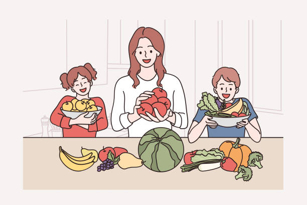 illustrazioni stock, clip art, cartoni animati e icone di tendenza di cibo sano per bambini e concetto familiare - baby carrot illustrations