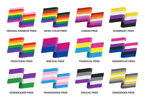Rainbow pride flags and flags for lesbians, nonbinary, bisexual, pansexual, genderfluid, asexual, genderqueer, transgender, asexual and demigender pride symbols.