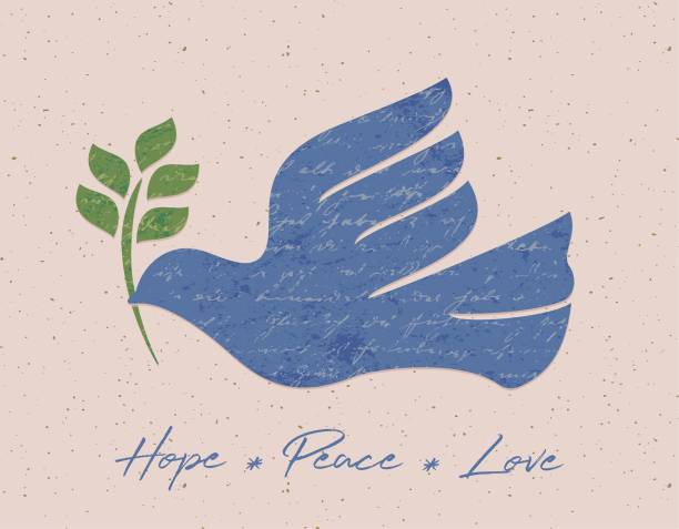 Dove of peace - handwriting script background - v3 Dove of peace made with vintage handwriting script paper. Textured grunge background. Textured craft paper background. Peace concept greeting card. olive branch stock illustrations