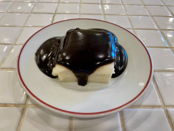 Malabi (Muhallebi) with Chocolate Sauce. Custard Milk Pudding. Ready to Eat and Serve.