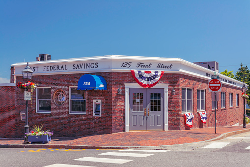 Bath, Maine, USA - July 13, 2016 : The brick building of First Federal Savings & Loan in the scenic city of Bath, Maine, USA.