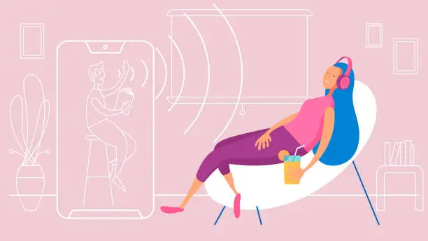 Vector illustration of Young woman listening to audiobook at home