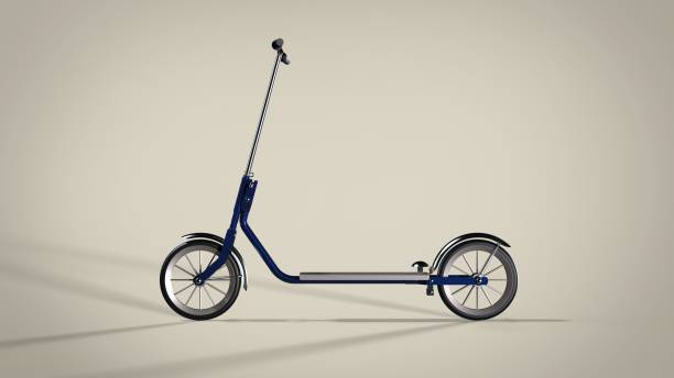 Side view of blue and white color sport retro equipment old vintage scooter with aluminium metall on brown background 3d rendering image