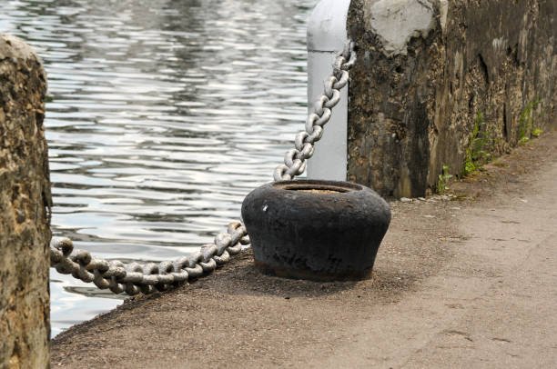 istock iron bollard with metal chain on the pier 1323047410
