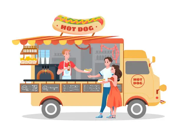 Vector illustration of Hot dog street market fastfood truck, happy couple people buy hotdogs from vendor