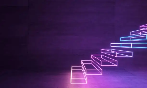 3d illustration. Abstract neon staircase laser hologram