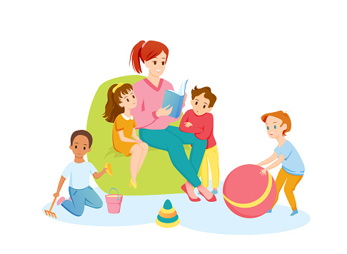 Teacher and preschool children read book together vector illustration. Cartoon young happy woman character sitting in armchair, reading storybook to boy girl child, kindergarten isolated on white