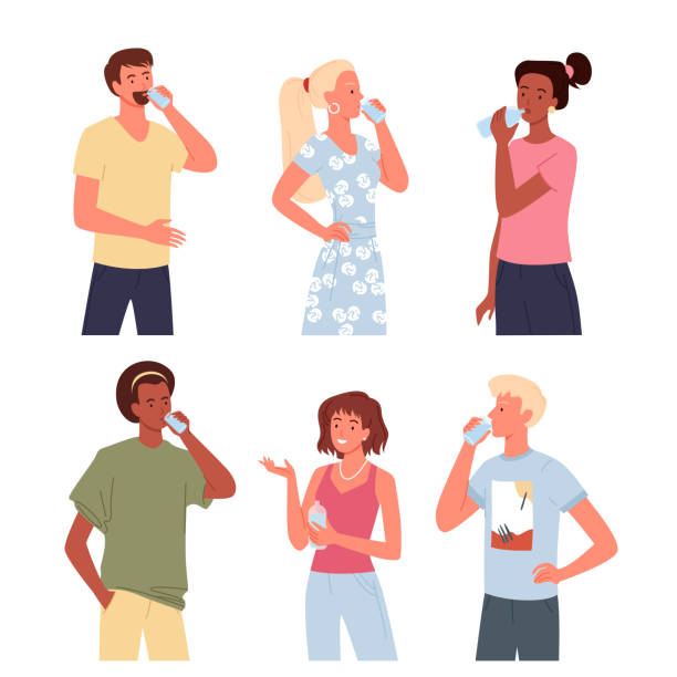 orang-orang minum air set, pemuda wanita berdiri dan minum minuman menyegarkan - air-minum ilustrasi stok