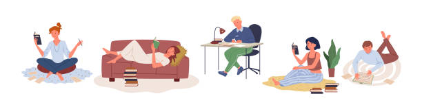 People study learn or work at home set, young woman holding book, man sitting at table People study learn or work at home vector illustration set. Cartoon young woman holding book and studying, man character sitting at table doing homework, happy girl lying on cozy sofa and reading book woman lying on the floor isolated stock illustrations