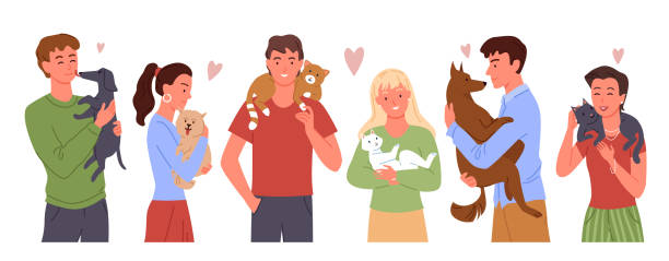 illustrations, cliparts, dessins animés et icônes de les gens aiment leurs propres animaux de compagnie, une jeune femme heureuse qui joue, qui serre dans ses bras des amis animaux domestiques - humor pets loving vertical