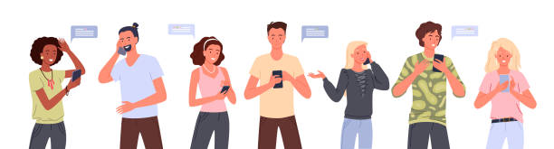menschen mit smartphone-set, junge frau hält telefon für die kommunikation, sprechen - frau handy stock-grafiken, -clipart, -cartoons und -symbole