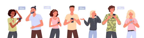 Vector illustration of People with smartphone set, young man woman holding phone for communication, talking