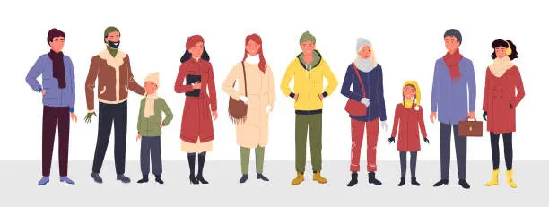 Vector illustration of Cartoon group of cute man woman kid characters in trendy outerwear standing in row, wearing warm coat and boots, scarf and hat isolated on white. People wear casual winter clothes vector illustration.