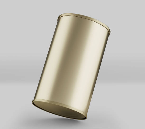 istock Round Olive Oil Tin Can Mockup, golden Liquid Container, 3d Rendered isolated on light background 1323048858