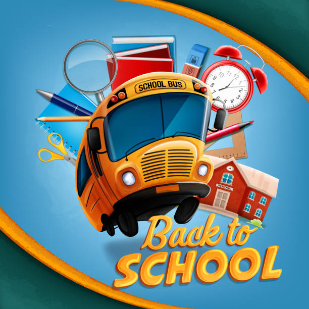 ilustrações, clipart, desenhos animados e ícones de de volta aos gráficos escolares com ônibus e conjunto completo para a escola - autocarro escolar