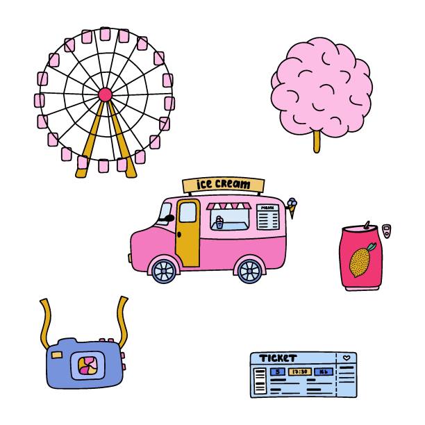 illustrazioni stock, clip art, cartoni animati e icone di tendenza di set icona di vacanza in famiglia al parco divertimenti - school carnival food cotton candy