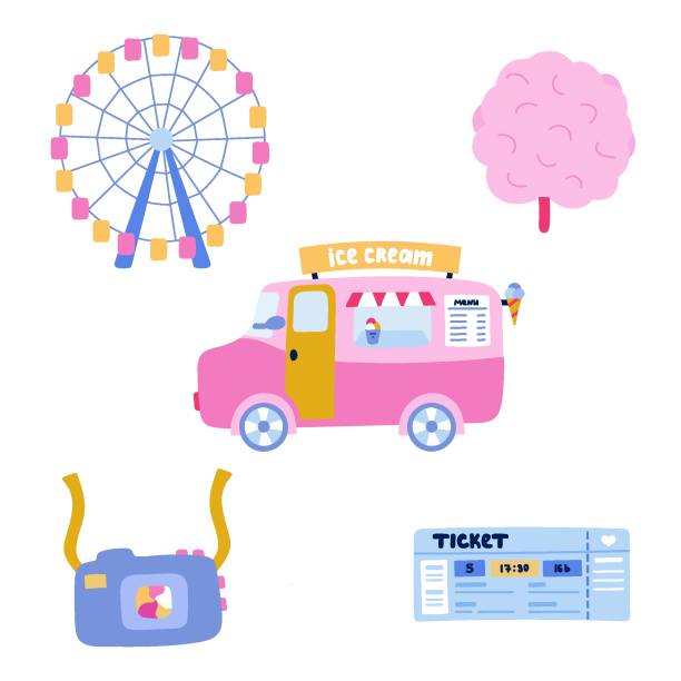 illustrazioni stock, clip art, cartoni animati e icone di tendenza di set icona di vacanza in famiglia al parco divertimenti - school carnival food cotton candy