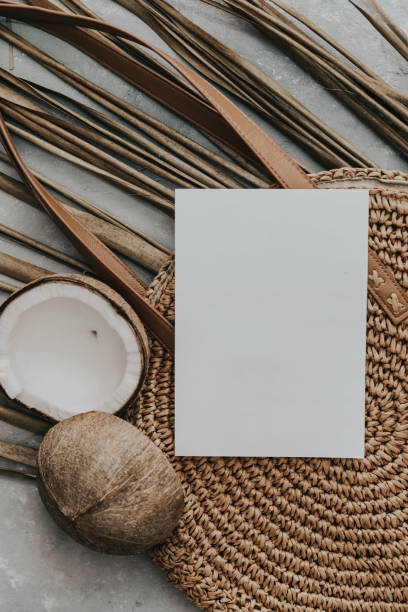 istock Creative summer minimal mock-up. Dried palm leaves and coconut  on neutral background. Still life minimal concept. Flat lay, top view, copy space, square 1323051919