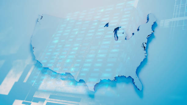 istock Map of USA with states on blue digital background 1323052967