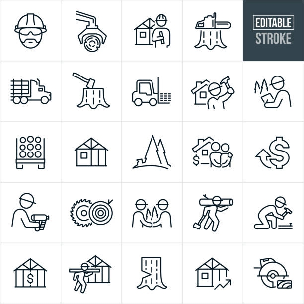 Lumber Industry Thin Line Icons - Editable Stroke A set of lumber industry icons that include editable strokes or outlines using the EPS vector file. The icons include a lumberjack, logging equipment, logs, cut timber, contractor holding blueprint with house framing in background, rising costs of timber, logging truck carrying timber, ax in tree stump, fork lift with stack of lumber, construction worker building house, a woodcutter with pine trees, framed house with exposed lumber, cut down tree, couple purchasing new home, chainsaw on top of cut stump, construction worker with frame nailer, sawmill cutting timber, lumberjack carrying log, construction work hammering nail into lumber, cost of lumber, construction worker carrying board and other related icons. chainsaw lumberjack lumber industry manual worker stock illustrations