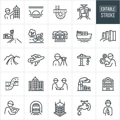 A set of infrastructure icons that include editable strokes or outlines using the EPS vector file. The icons include an engineer wearing a hard hat and pointing to a newly constructed high rise office building, bridge over water, freeway or highway road, light rail train, airport with runway, person riding bicycle on road, bank building, shipping barge, dam, airplane, surveyor in construction, construction crane, engineer with cogs, office buildings, passenger train, factory, hospital, engineer with blueprint, office building under construction, water spigot, public utilities and an architect with hardhat holding plans to name a few.