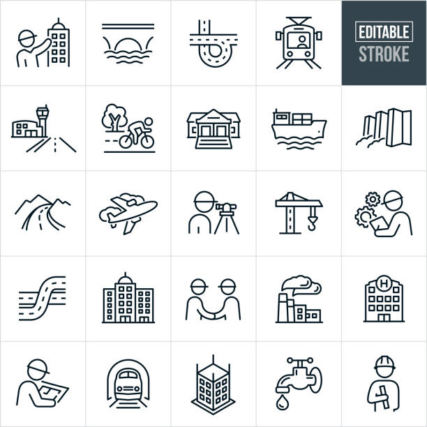 Infrastructure Thin Line Icons - Editable Stroke A set of infrastructure icons that include editable strokes or outlines using the EPS vector file. The icons include an engineer wearing a hard hat and pointing to a newly constructed high rise office building, bridge over water, freeway or highway road, light rail train, airport with runway, person riding bicycle on road, bank building, shipping barge, dam, airplane, surveyor in construction, construction crane, engineer with cogs, office buildings, passenger train, factory, hospital, engineer with blueprint, office building under construction, water spigot, public utilities and an architect with hardhat holding plans to name a few. cityscape symbols stock illustrations