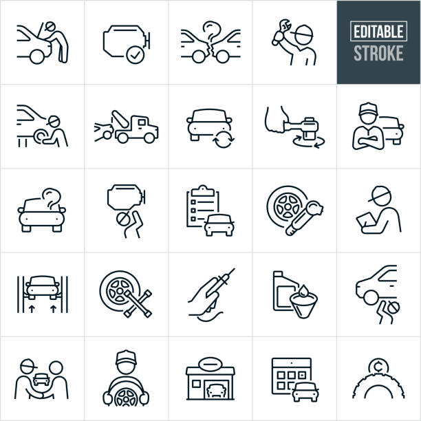 Auto Repair Thin Line Icons - Editable Stroke A set of auto repair icons that include editable strokes or outlines using the EPS vector file. The icons include a a mechanic working under the hood of a car, a repaired car engine, a car wrecking head on into another car causing auto body damage, a mechanic holding up an adjustable wrench, mechanic changing tires on a car, tow truck towing a broken down vehicle, auto repair, socket wrench being used, mechanic with arms folded, automobile with smoke coming from the hood, mechanic working on the engine of a vehicle, repair or maintenance checklist, tire with tire gauge, mechanic doing a vehicle inspection, car on lift, car tire with tire wrench, multi-meter, oil change, mechanic shaking hands with customer after fixing car, auto body shop, calendar appointment and other related icons. mechanic stock illustrations