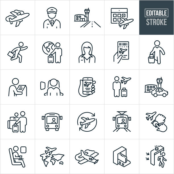 Air Travel Thin Line Icons - Editable Stroke A set of air travel icons that include editable strokes or outlines using the EPS vector file. The icons include a passenger airplane, air travel, male pilot, female pilot, airport, calendar, person late to catch flight, traveler with luggage and globe, hand holding an airplane ticket, person pulling suitcase at airport, customer on kiosk at airport, person sitting in airplane seat next to window, smartphone with flight information, passenger with luggage, car at airport, passenger checking in at front desk of airport, bus, light rail, flight time, airplane flying over continents, single passenger airplane, briefcase going through metal detector on conveyor belt at airport, passenger passing through metal detector passenger stock illustrations