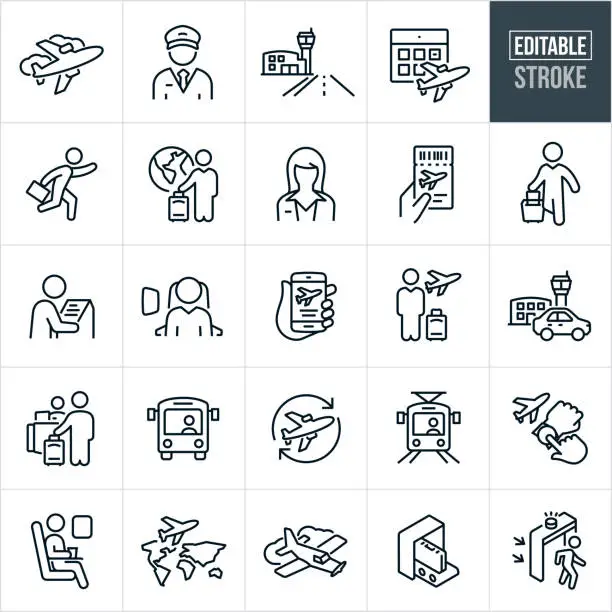 Vector illustration of Air Travel Thin Line Icons - Editable Stroke