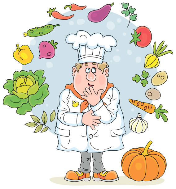 맛있는 수프를 위한 재미있는 요리와 채소 - onion carrot vegetable reflection stock illustrations