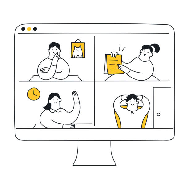 Online video meeting call - vector Online video meeting call, remote communication on isolation, distant work via a web camera. Different teammates talking via conference video call. Thin line cartoon vector illustration on white. shareholders meeting stock illustrations