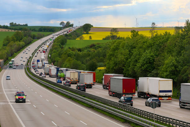 Traffic jam on the highway in front of a construction site stock photo