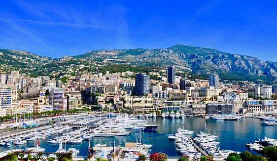Aerial view of harbour Monaco, Monte Carlo. French riviera panorama. Winter, low season. Cote d'azur